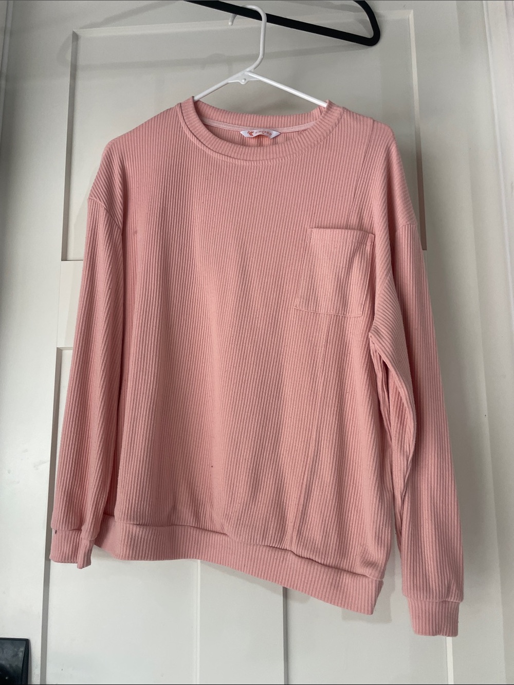 Ribbed Crewneck Sweater with Chest Pocket - Pink